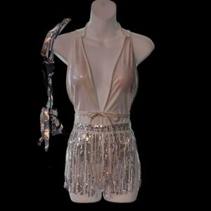 NWT SHEIN Festival RAVE Dance 3 Pc Set Ivory Suit ,leg Wraps & Fringe Skirt ~M